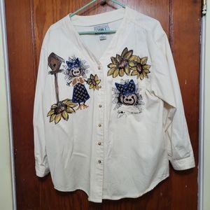 Unique Vintage Womens hand painted cotton long sleeve 100 % cotton blouse